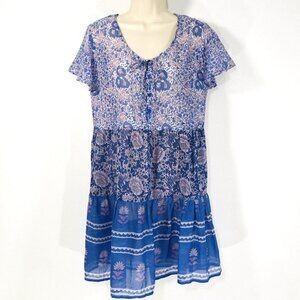 Blue Boheme Mixed Pattern Mini Shift Dress Sz M/L 100% Cotton Tiered Hem
